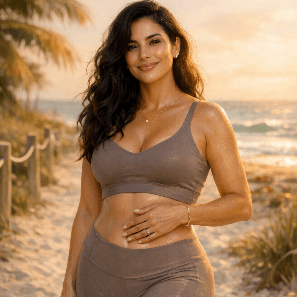 Confident Latina mom embracing safe post-tummy tuck exercises on Miami beach, showcasing toned midsection and renewal in Intimate Beauty style