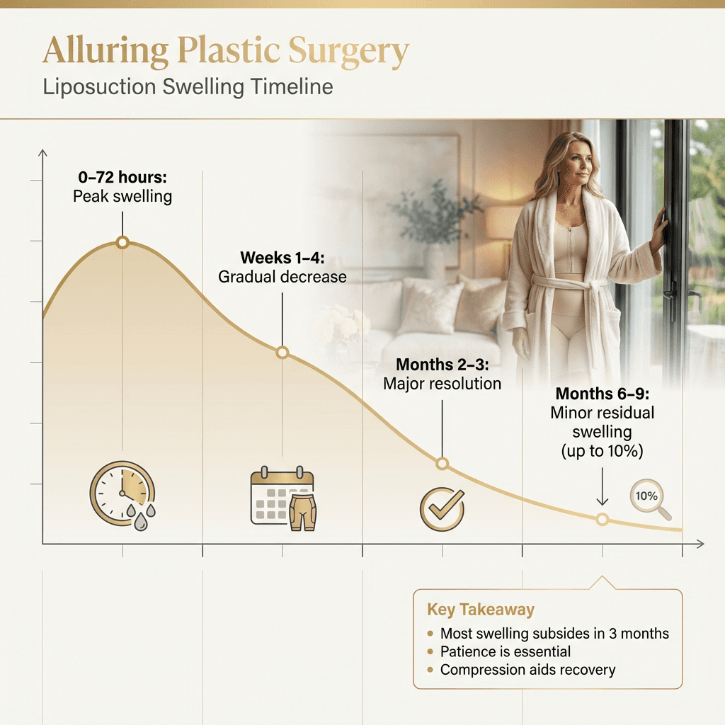 Recovery timeline graphic with phases: 0–72 hours peak, weeks 1–4 decreasing, months 2–3 major resolution, months 6–9 minor residual swelling (10%)—elegant, minimal, luxury palette