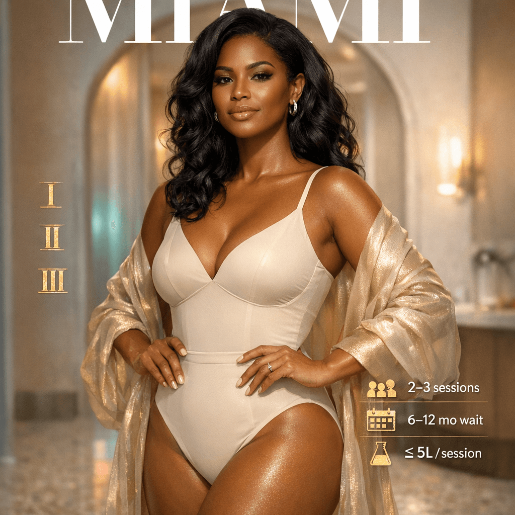 Confident Afro-Latina woman in elegant swimwear and sheer robe poses in luxury Miami clinic-inspired setting with gold acc...