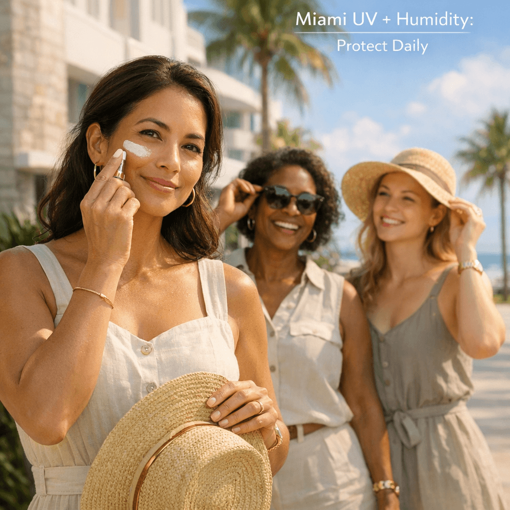 Tasteful lifestyle scene: well-dressed woman in a bright Miami setting applying sunscreen or wearing a wide-brim hat; warm stone tones with subtle gold accessories; no explicit nudity.
